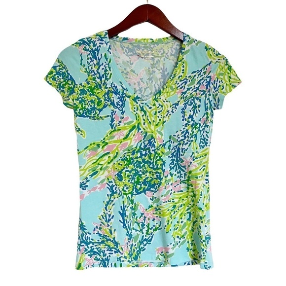 LILLY PULITZER V Neck Coral Reef Print Top Size XXS in Light Blue, Pink, Yellow - Picture 1 of 11